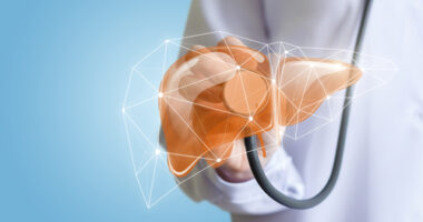 A drawing of a liver with a doctor holding it