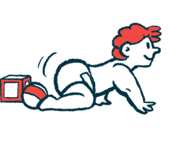 A baby is shown crawling away from a block and a ball.