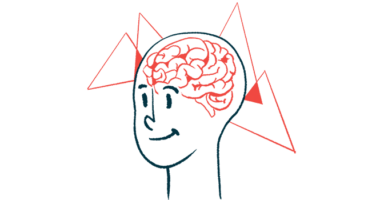 Geometric shapes around a drawing of a brain in a person's head denote brain activity.