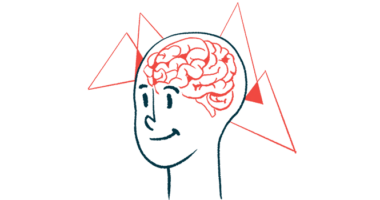Geometric shapes around a drawing of a brain in a person's head denote brain activity.