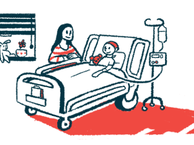 A child in a hospital receives intravenous fluids while an adult stands alongside the bed.