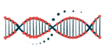 A close-up view of a strand of DNA highlights its ribbon-like structure.