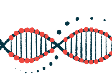 A close-up view of a strand of DNA highlights its ribbon-like structure.