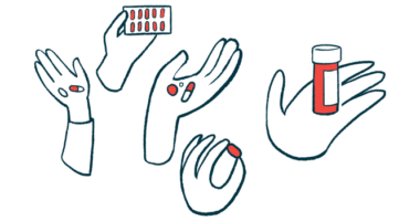 A collection of hands holds an assortment of medications.