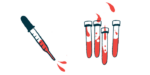 A half-full dropper containing a red liquid is next to four test tubes.