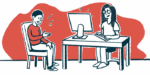 A doctor seated at a desk takes notes on their computer while a patient sitting in a chair speaks to them.