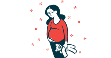 A drawing shows a pregnant woman cradling her belly with one hand and holding a teddy bear with the other.