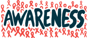 The word "awareness" is written in bold black letters against a backdrop of red awareness ribbons.