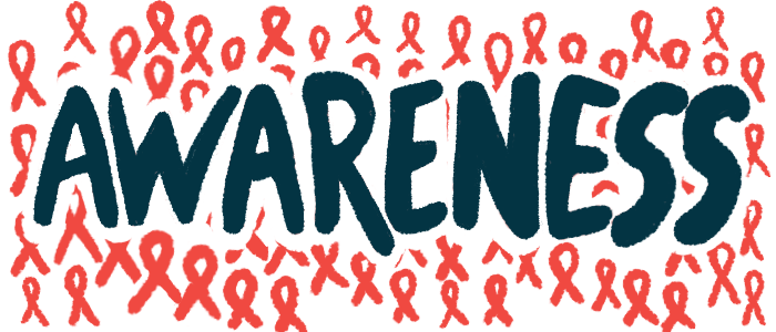 The word "awareness" is written in black against a white background flecked with red awareness ribbons.