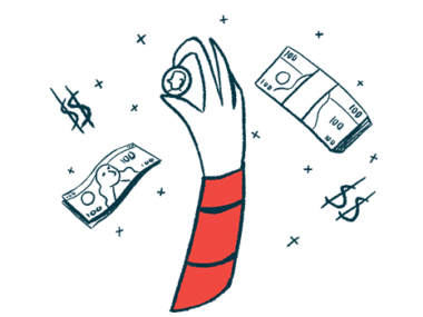 A hand holding a coin is surrounded by stacks of bills and dollar signs.