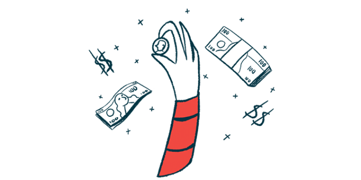 A hand holding a coin is surrounded by stacks of bills and dollar signs.