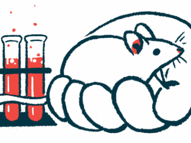 An oversized human hand holds a mouse next to a set of test tubes.