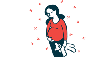 A pregnant woman holds a teddy bear in one hand while cradling her belly with the other.