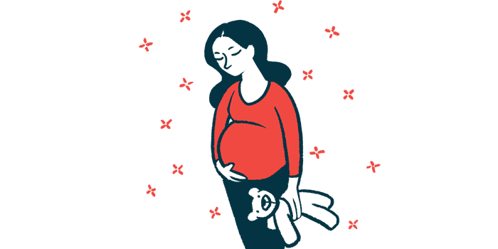 Illustration of pregnant woman holding a teddy bear.