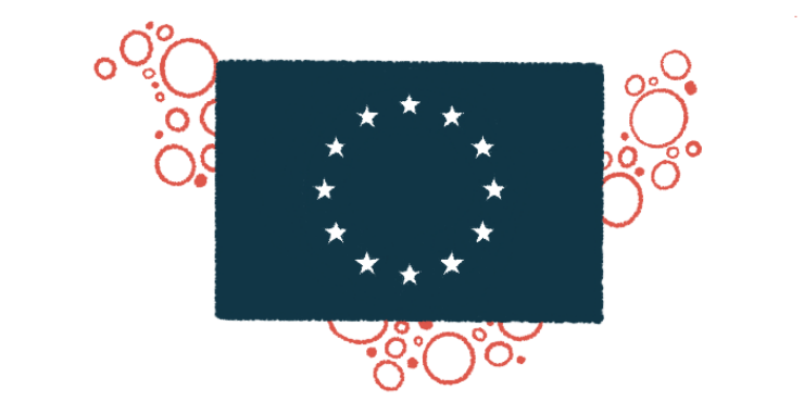 A black and white version of the European Union flag is seen against a backdrop of bubbles.