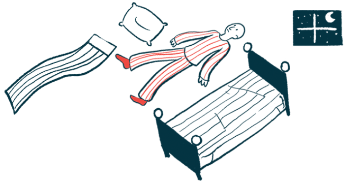 A person wearing pajamas lies wide awake on the floor next to a bed at nighttime.