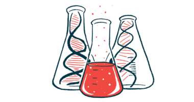 Strands of DNA are shown in lab beakers.
