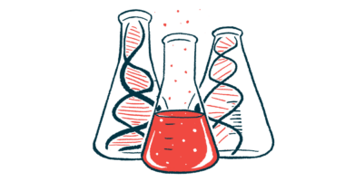 Strands of DNA are shown in lab beakers.