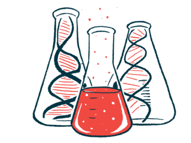 Strands of DNA are shown in lab beakers.