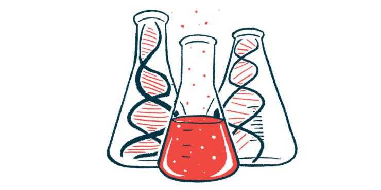 Strands of DNA are shown in lab beakers.