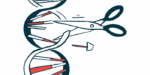 A pair of scissors is seen cutting a strand of DNA.