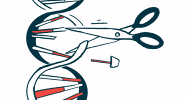 A pair of scissors is seen cutting a strand of DNA.