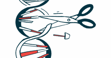 A pair of scissors is seen cutting a strand of DNA.