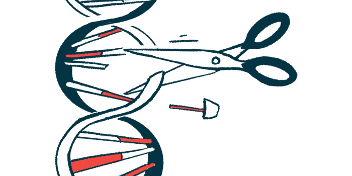 A pair of scissors is seen cutting a strand of DNA.