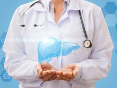 liver diagram being held in doctor's hands
