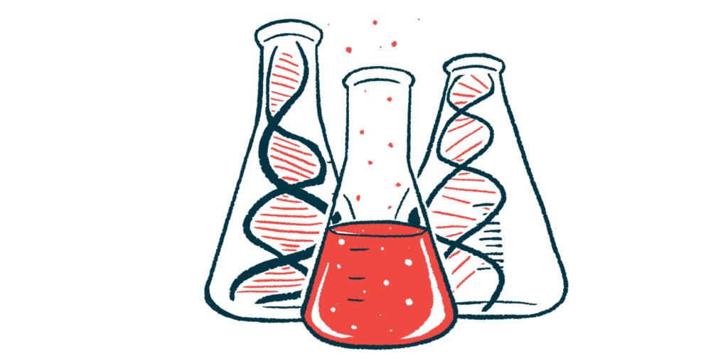 Three beakers are shown: one filled with fluid and the others showing genetic material.