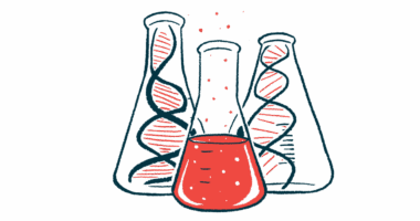 Three beakers are shown: one filled with fluid and the others showing genetic material.
