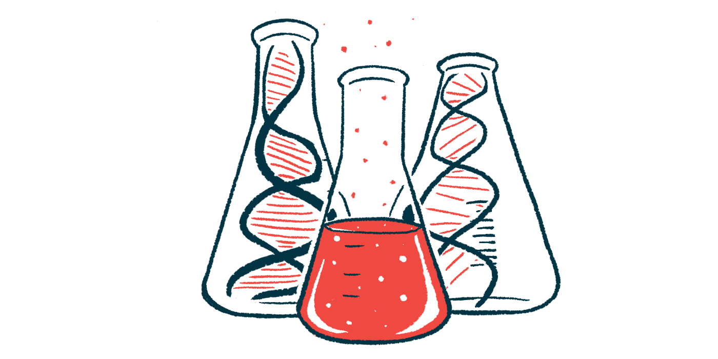 Three beakers are shown: one filled with fluid and the others showing genetic material.