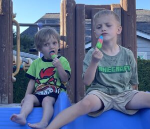 Two boys - brothers - sit atop a blue slide eating colorful popsicles. The boy on the right is older, maybe 5 or 6, and is wearing a Minecraft T-shirt and staring intently at his popsicle. The boy on the left might be 2 or 3, and he's wearing a bright green and red T-shirt and seems to be taking a bite of his Popsicle.