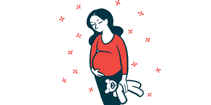 A pregnant woman touches her belly as she holds a plush toy.