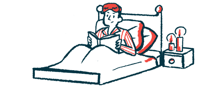 A person is shown reading a book while in bed for the night.