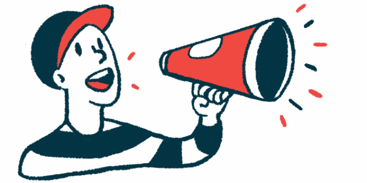 A person wearing a baseball cap makes an announcement by speaking into a megaphone cone.