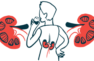 An illustration highlights the kidneys of a person who is seen from behind while drinking from a glass.