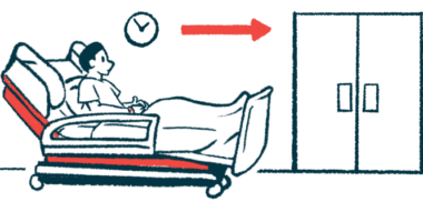 A patient lies on a gurney outside a pair of double doors.