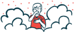 A person is seen coughing and holding a hand to the chest amid clouds of air pollution.