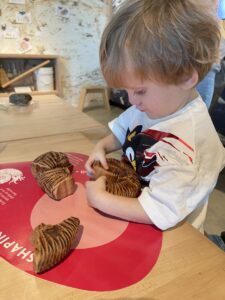 A 4-year-old blond boy intensely focuses on playing with pieces of a toy dinosaur on a table. The photo is taken from his left profile. He's wearing a white Shadow T-shirt from the movie "Sonic the Hedgehog 3."