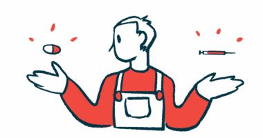 A person is shown with a capsule hovering over one hand and a syringe hovering over the other hand.