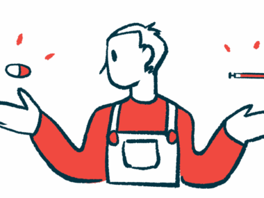 A person wearing overalls weighs the choice between two medicine choices, with an oral medication seen above one hand and a syringe above the other.