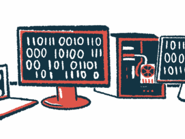 Computers and monitors show binary codes on their display screens.