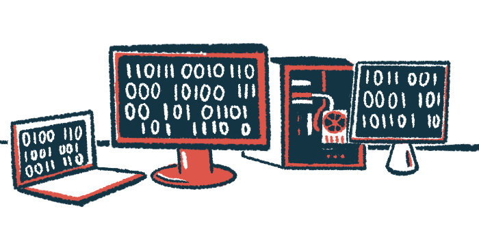 Computers and monitors show binary code on their displays.