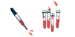A dropper squirts blood alongside four half-filled vials.