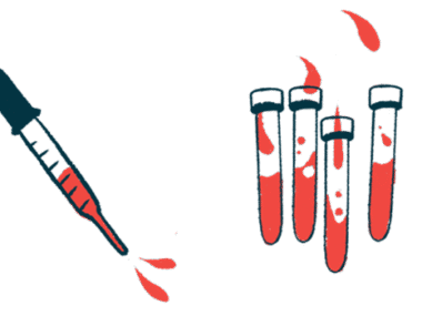 A dropper squirts blood alongside four half-filled vials.