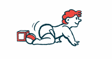 A baby is shown crawling away from a pair of blocks.