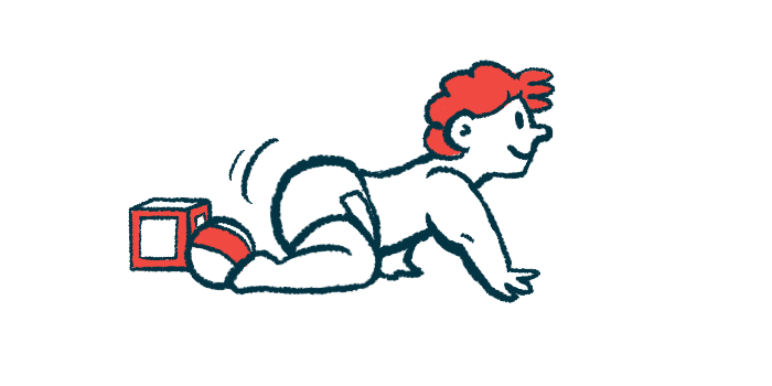 A baby is shown crawling away from a pair of blocks.
