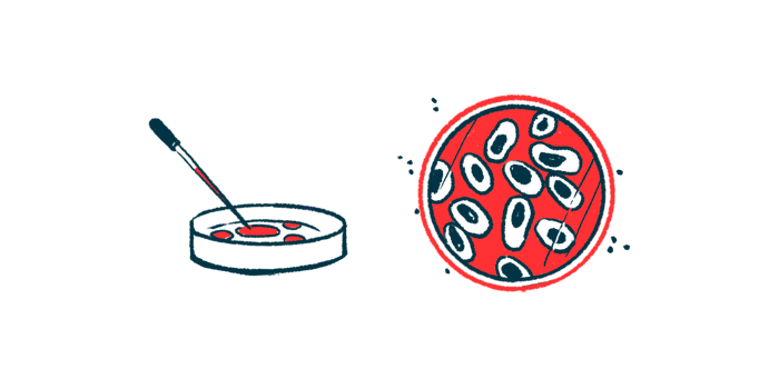 An illustration showing a laboratory dish and a close-up view of cells under a microscope.