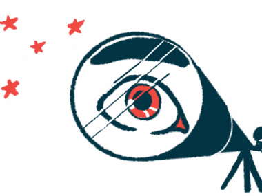 The eye of a person looking at the stars through a telescope is magnified in the lens of the instrument.